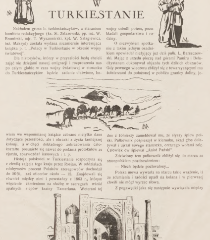Strona z magazynu 'Wieści z Polski', numer 7-8, 1931, z artykułem 'Polacy w Turkiestanie'. Zawiera tekst o polskich osadnikach w Turkiestanie i ilustrację mężczyzny w tradycyjnym stroju.