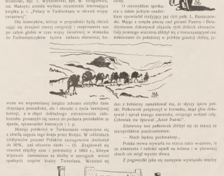 Strona z magazynu 'Wieści z Polski', numer 7-8, 1931, z artykułem 'Polacy w Turkiestanie'. Zawiera tekst o polskich osadnikach w Turkiestanie i ilustrację mężczyzny w tradycyjnym stroju.