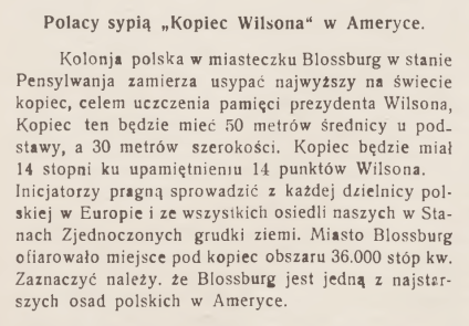 Artykuł prasowy z 1931 roku opisujący polską kolonię w Blossburg w Pensylwanii, planującą usypanie najwyższego na świecie kopca ku czci prezydenta Wilsona. Tekst zawiera szczegóły dotyczące wymiarów kopca i działań społeczności.