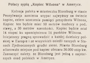 Artykuł prasowy z 1931 roku opisujący polską kolonię w Blossburg w Pensylwanii, planującą usypanie najwyższego na świecie kopca ku czci prezydenta Wilsona. Tekst zawiera szczegóły dotyczące wymiarów kopca i działań społeczności.