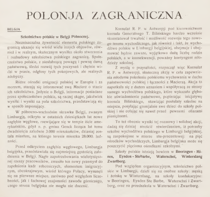 Strona z czasopisma 'Wieści z Polski' omawiająca szkolnictwo polskie w Belgii Północnej, z wzmianką o szkołach w Waterschei i Eysden-Stebarbe oraz o polskiej kolonii 'Biały Orzeł' w Brazylii.