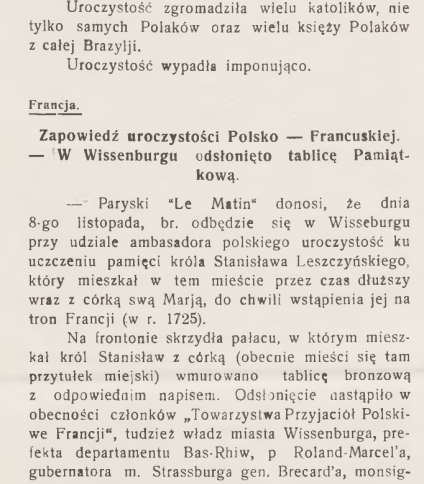 Strona z czasopisma 'Wieści z Polski' z 1931 roku, zawierająca artykuły o poświęceniu kościoła w Orleansie i odsłonięciu tablicy dla króla Stanisława Leszczyńskiego w Wisseburgu.