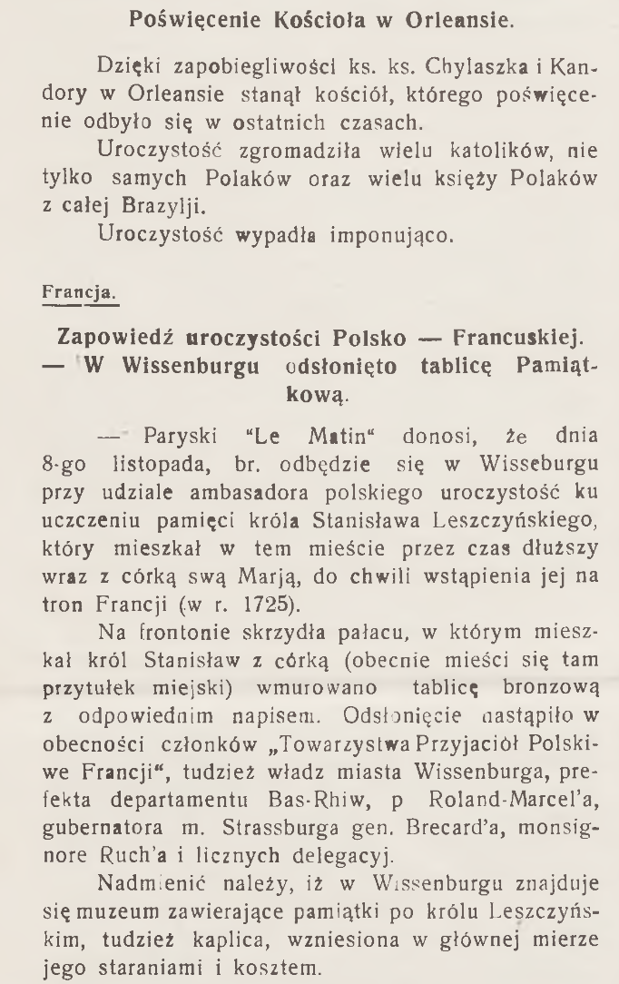 Photo montrant Z kronik polonijnych: poświęcenie kościoła w Orleansie, tablica im. S. Leszczyńskiego w Wisseburgu