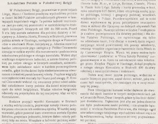 Strona z czasopisma 'Wieści z Polski' omawiająca szkolnictwo polskie w Południowej Belgii, wspominająca polskich górników i kwestię pomnika Kazimierza Pułaskiego w Kongresie USA.