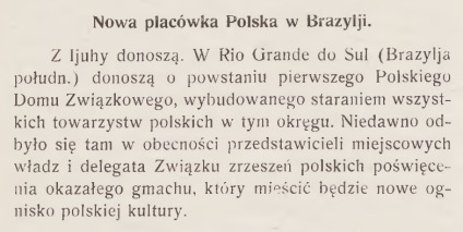 Strona z czasopisma 'Wieści z Polski' z artykułem o otwarciu pierwszego Polskiego Domu Związkowego w Rio Grande do Sul, Brazylia, w 1932 roku.