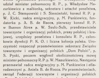 Strona z czasopisma 'Wieści z Polski' opisująca poświęcenie Domu Polskiego w Argentynie w 1932 roku. Tekst szczegółowo opisuje ceremonię i wymienia uczestników, w tym polskich urzędników i członków społeczności.