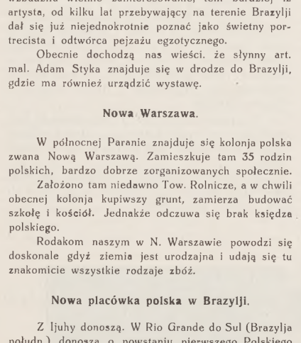 Strona z czasopisma 'Wieści z Polski', 1932, z artykułem o wystawie sztuki polskiej w Rio de Janeiro i nowym Polskim Domu Związkowym w Rio Grande do Sul.