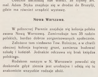Strona z czasopisma 'Wieści z Polski', 1932, z artykułem o wystawie sztuki polskiej w Rio de Janeiro i nowym Polskim Domu Związkowym w Rio Grande do Sul.