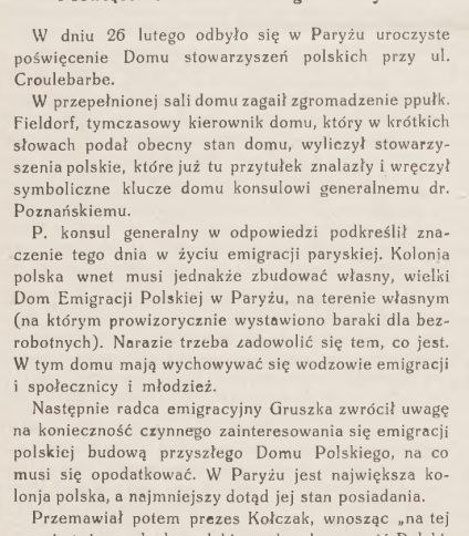 Strona z czasopisma 'Wieści z Polski' opisująca poświęcenie Domu Polskiego w Paryżu w 1932 roku. Tekst zawiera szczegóły uroczystości i przemówienia liderów polonijnych.