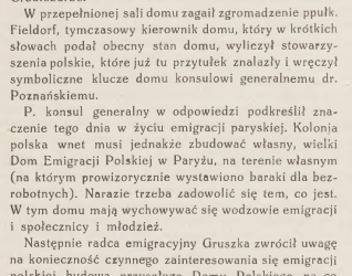 Strona z czasopisma 'Wieści z Polski' opisująca poświęcenie Domu Polskiego w Paryżu w 1932 roku. Tekst zawiera szczegóły uroczystości i przemówienia liderów polonijnych.