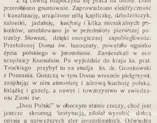 Strona z czasopisma 'Wieści z Polski' z 1932 roku, opisująca Dom Polski w Palestynie. W tekście wspomniano dyrektora ks. Trockiego i trzy siostry elżbietanki z Wielkopolski.