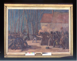 Obraz 'Obrona Arsenału 1830' Leonarda Pękalskiego. Żołnierze w mundurach z karabinami i armatą walczą obok budynku i drzew. Po prawej stoi bębniarz.