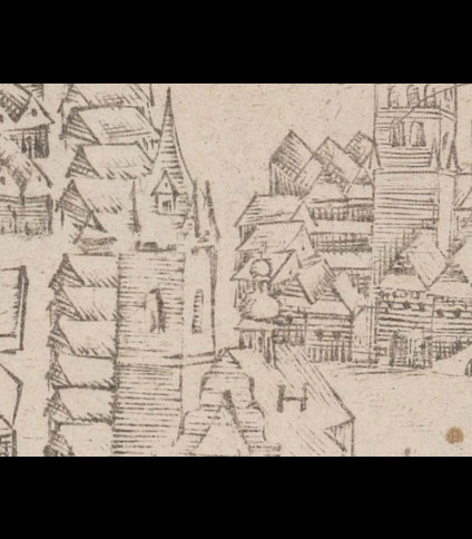 Miedzioryt przedstawiający gotycką dzwonnicę w Kamieńcu Podolskim, z kwadratową podstawą, zwężającymi się murami i stromym dachem. Widoczne są otaczające budynki z dwuspadowymi dachami.