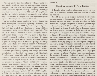 Scan of a Polish magazine page with columns of text and headings Polacy w Chile Polacy w Hongkongu and Francja Napad na konsulat R P w Paryzu