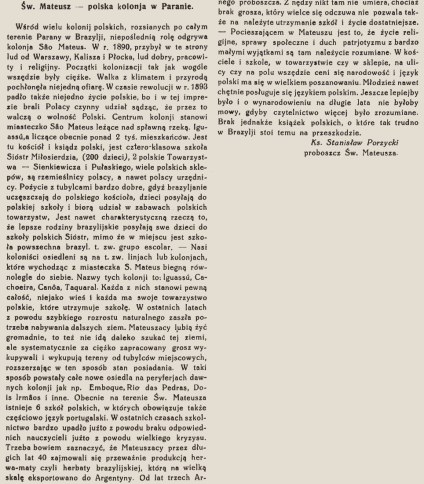 Skan strony czasopisma Wieści z Polski z nagłówkiem Polonja Zagraniczna oraz tekstem Z Brazylji o Św Mateusz polskiej kolonii w Paranie i sekcją Z Francji