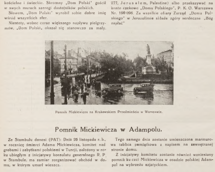 Skan strony czasopisma z czarno biala fotografia pomnika Adama Mickiewicza na Krakowskim Przedmiesciu w Warszawie oraz podpisem Pomnik Mickiewicza na Krakowskiem Przedmiesciu w Warszawie