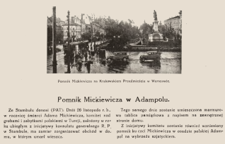 Skan strony czasopisma z czarno biala fotografia pomnika Adama Mickiewicza na Krakowskim Przedmiesciu w Warszawie oraz podpisem Pomnik Mickiewicza na Krakowskiem Przedmiesciu w Warszawie
