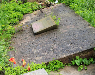 Fotografia ukosnej kamiennej plyty nagrobnej z mala metalowa tablica z ryta inskrypcja, otoczonej trawa i roslinami