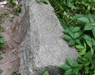 Przewrócony kamienny cokół z wyrytą inskrypcją, otoczony zielonymi liśćmi.