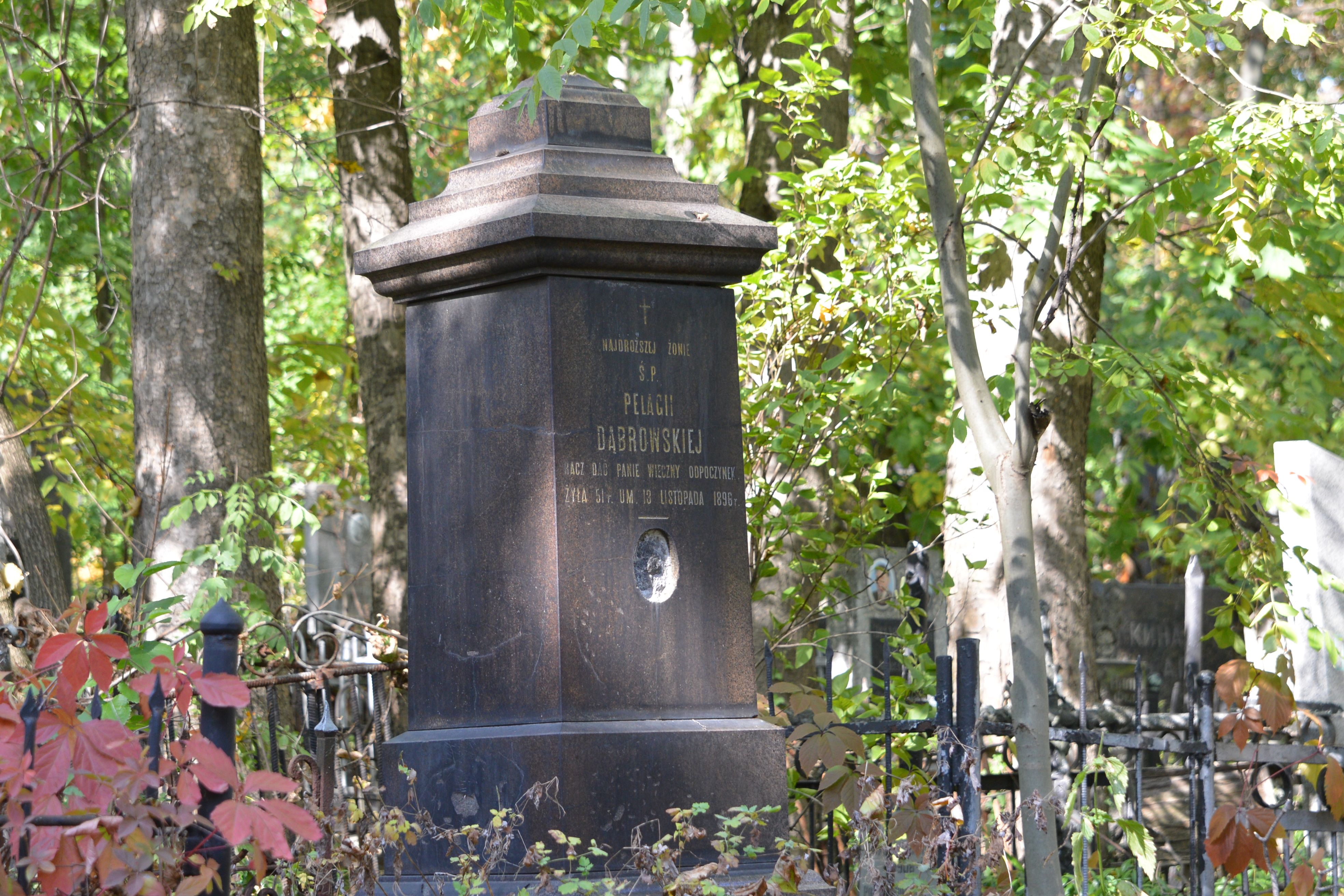 Side view of the gravestone in the form of a high plinth. From the front of the monument the inscription is visible and the space after the photograph. The whole framed by a metal fence, with trees and other gravestone monuments in the background