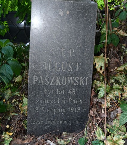 Nagrobek Augusta Paszkowskiego z wyrytą inskrypcją, otoczony zielenią. Kamień ma ścięte górne krawędzie i zwęża się ku górze.