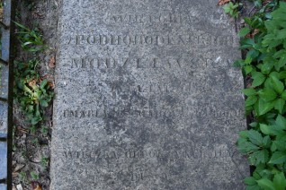 Nagrobek Wiktorii Modzelewskiej z wyrytą inskrypcją i krzyżem, otoczony trawą i roślinami.