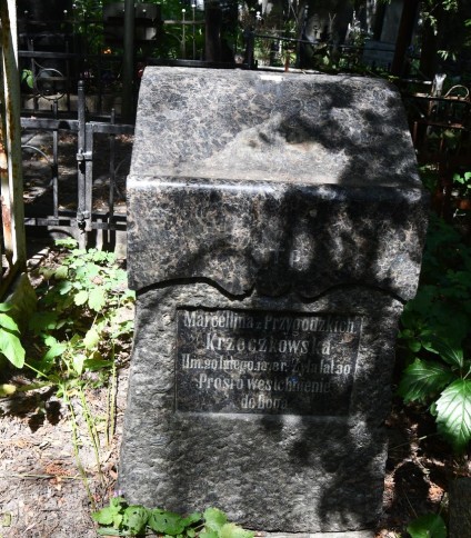 Nagrobek Marceliny Krzeczkowskiej z cokołem przypominającym pulpit. Na przedniej płycinie znajduje się ryta inskrypcja. Grób otoczony zielenią i metalowym ogrodzeniem.