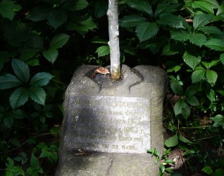 Grób oznaczony krzyżem na cokole. Krzyż przypomina gałęzie drzewa. Cokół to stos kamieni z tablicą z inskrypcją z przodu.