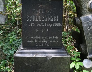Nagrobek Tadeusza Syroczyńskiego z inskrypcją zawierającą daty urodzenia i śmierci, otoczony zielenią.