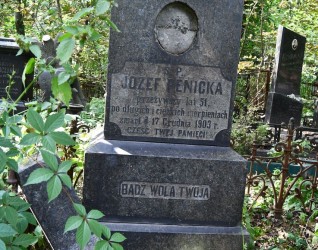 Nagrobek Józefa Pěnički z połamanym krzyżem na trzystopniowym cokole. Inskrypcja w reliefie: 'Józef Pěnička, przeżył 51 lat, zmarł 17 grudnia 1903. Cześć twej pamięci.' Otoczony roślinnością i żelaznym ogrodzeniem.