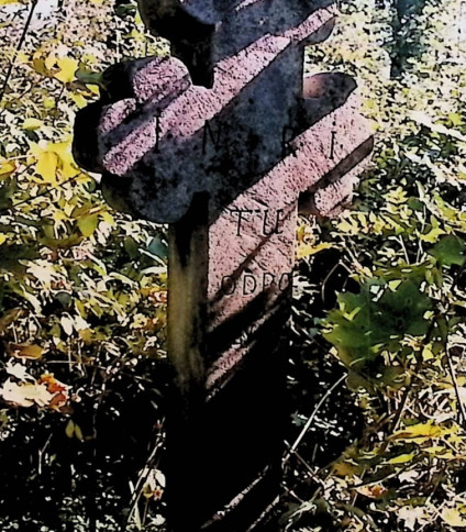 Nagrobek Katarzyny Ostrowskiej z krzyżem na niskim cokole. Krzyż ma krótkie ramiona poziome i trójlistne zakończenie. Widoczna inskrypcja na krzyżu, cokole i podstawie.