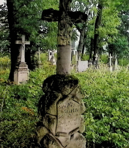 Nagrobek z krzyżem stylizowanym na pień drzewa na cokole w formie skałek. Krzyż zdobiony płaskorzeźbionymi liśćmi dębu. Na froncie cokołu tablica z inskrypcją.