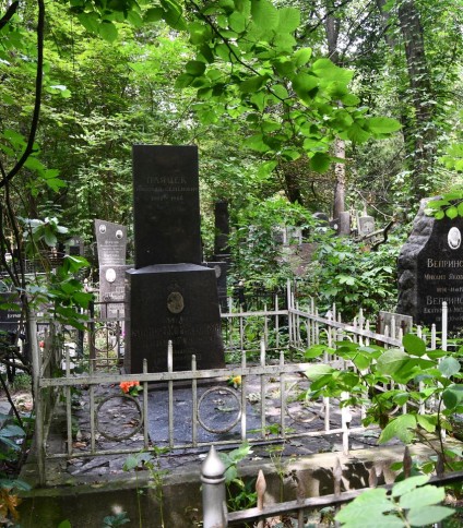 Grób Stanisława Pawłowskiego z krzyżem na cokole, otoczony metalowym ogrodzeniem z okrągłymi wzorami. Teren porośnięty zielenią i drzewami.