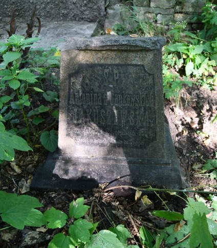 Nagrobek Antoniny Jakuszewskiej z krzyżem na cokole i tablicą inskrypcyjną w reliefie z ściętymi narożami, otoczony zielenią.