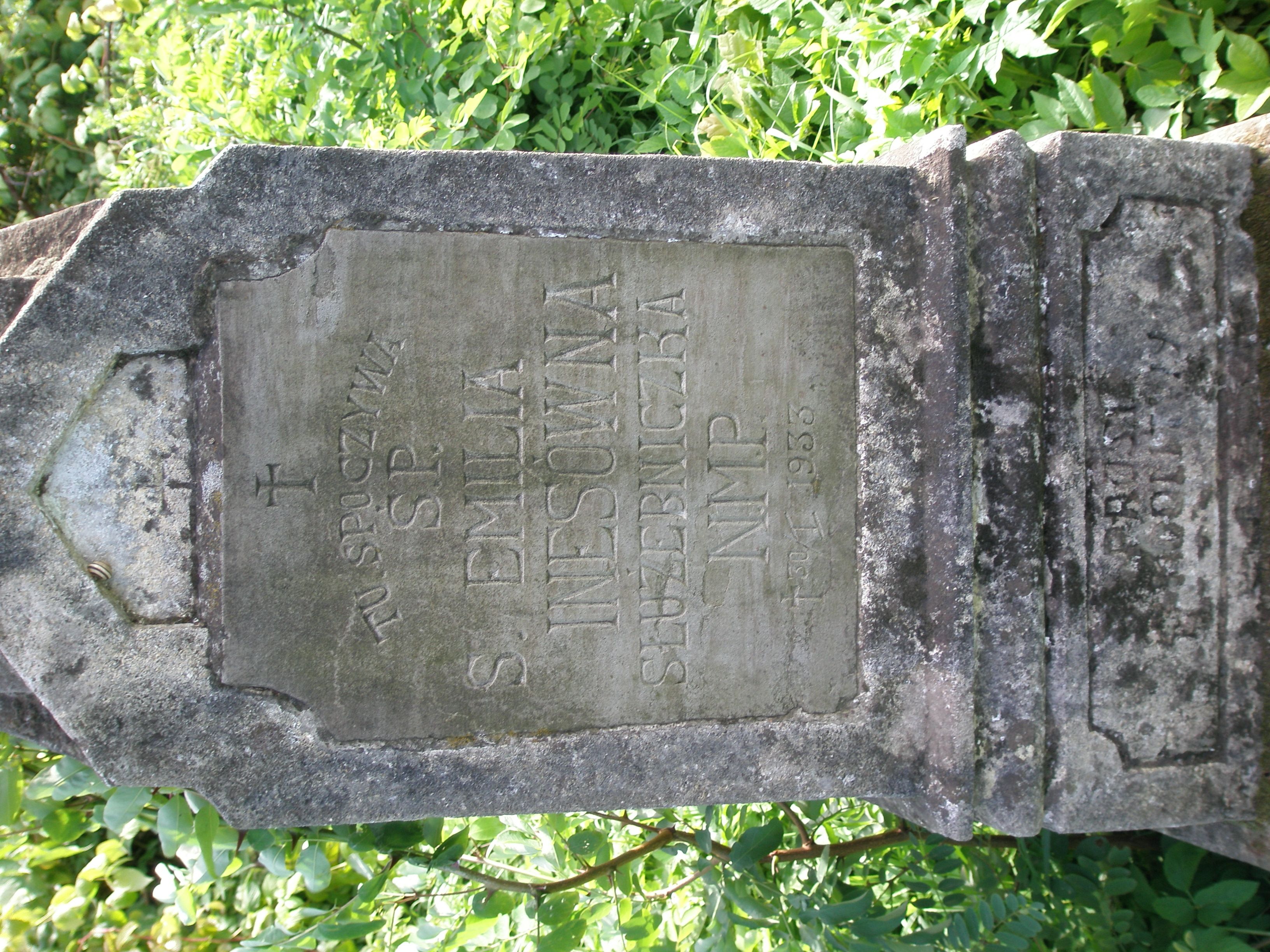 Inskrypcja z nagrobka Emilii Ines, cmentarz w Rzepińcach, stan z 2006