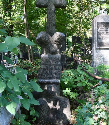 Grób oznaczony krzyżem na cokole, oba stylizowane na pnie drzew. Z przodu tablica z inskrypcją w reliefie w formie rozwiniętego zwoju. Otoczony zielenią.