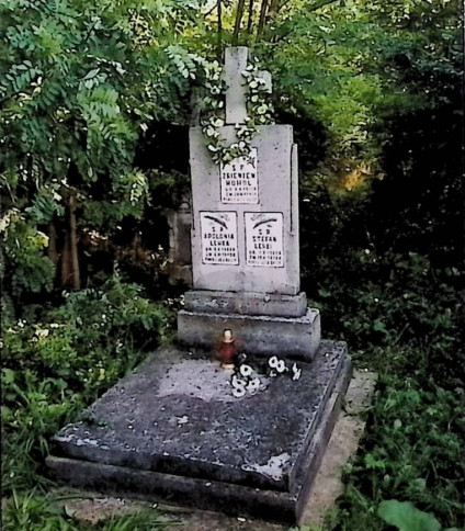 Grób Zbigniewa Hohola, Apolonii i Stefana Lehkich z dwustopniową płytą nagrobną na betonowej podstawie. Stela z prostym krzyżem i trzema tablicami z inskrypcjami. Otoczony zielenią.