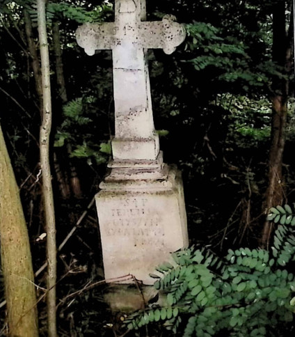 Nagrobek Teresy Kotyszyn z krzyżem na cokole i dwustopniowej podstawie. Krzyż z ramionami zakończonymi trójliściem i mniejszym krzyżem na przecięciu. Inskrypcja z przodu cokołu.