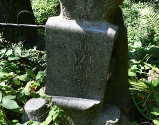 Nagrobek Jana-Aloizego Gazi z cokołem w kształcie pnia drzewa i tablicą reliefową z jego imieniem i datami. Otoczony zielenią.