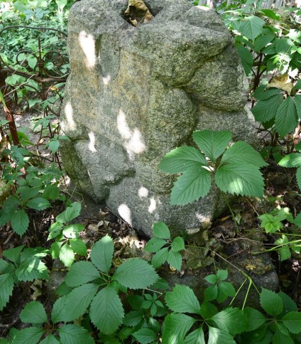 Nagrobek Eliasza Onufrowicza z kamiennym cokołem przypominającym stos kamieni. Widoczna tablica z inskrypcją w reliefie. Otoczony ogrodzeniem ze słupkami zakończonymi motywem esownicy.