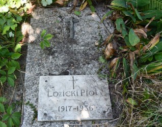 Nagrobek Piotra Łozickiego z reliefem krzyża i inskrypcją 'Łozicki Piotr 1917-1936'. Otoczony zielonymi roślinami.