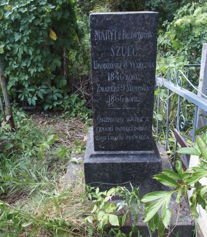 Nagrobek Marii Szulc z wyrytym tekstem, otoczony zielenią. Kamień stoi na dwustopniowym cokole, pierwotnie zwieńczony krzyżem, obecnie brakującym.