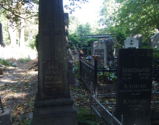 Nagrobek Julii Prejss z dwustopniowym cokołem i podstawą, pierwotnie oznaczony krzyżem. Z przodu tablica z inskrypcją w formie krzyża. Widoczne otaczające groby i drzewa.