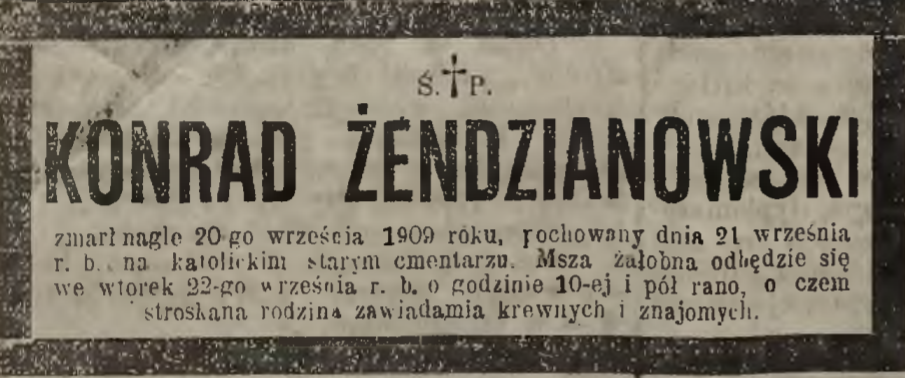 Fotografia przedstawiająca Nagrobek Olimpii Żendzianowskiej, Konrada Żendzianowskiego
