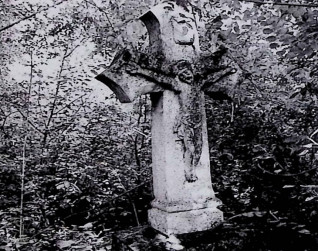 Nagrobek z krzyżem na dwustopniowym cokole otoczony roślinnością. Krzyż z ramionami zakończonymi wykrojem łuku kotarowego, z reliefem Chrystusa na przecięciu i titulus powyżej.