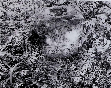 Nagrobek Stanisława Walkowa z utrąconym krzyżem obok cokołu. Na cokole nisza z płaskorzeźbą Matki Boskiej i inskrypcją z imieniem Stanisław Walków.