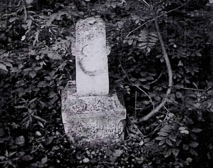 Stary nagrobek z utrąconym krzyżem na cokole, otoczony roślinnością. Krzyż ma owalną niszę z płaskorzeźbionym czteroliściem. Cokół ma profilowane krawędzie i wyrytą ramę.