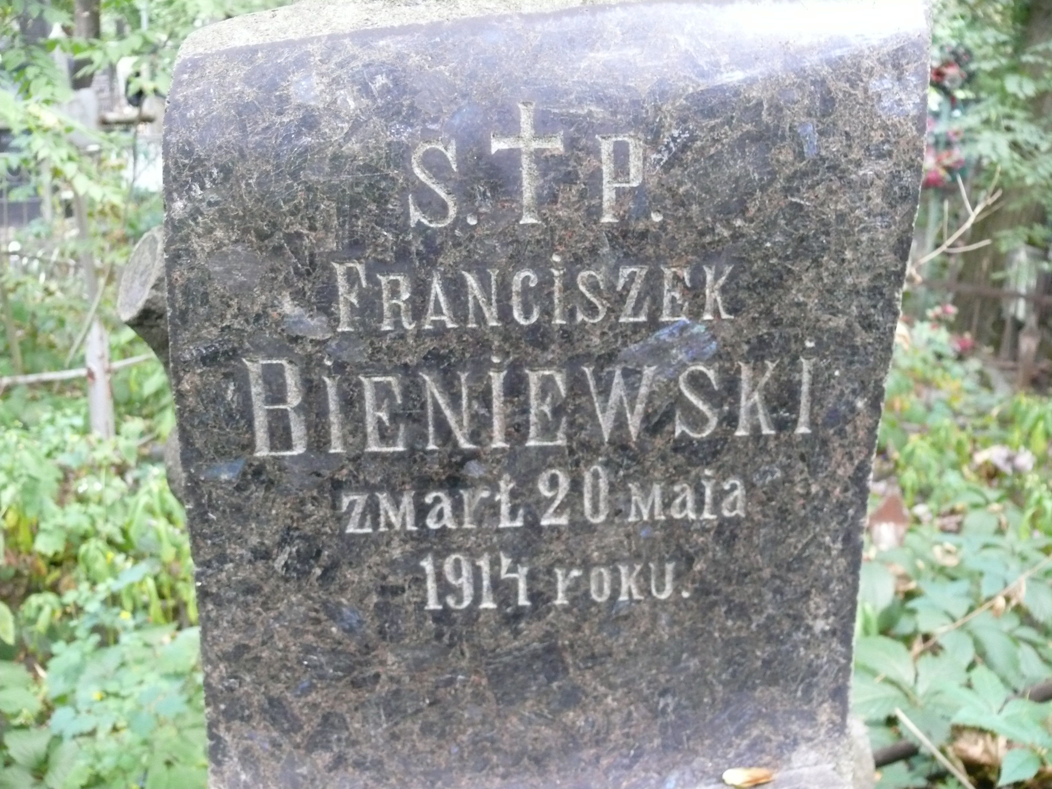 Inscription from the tombstone of Franciszek Bieniewski