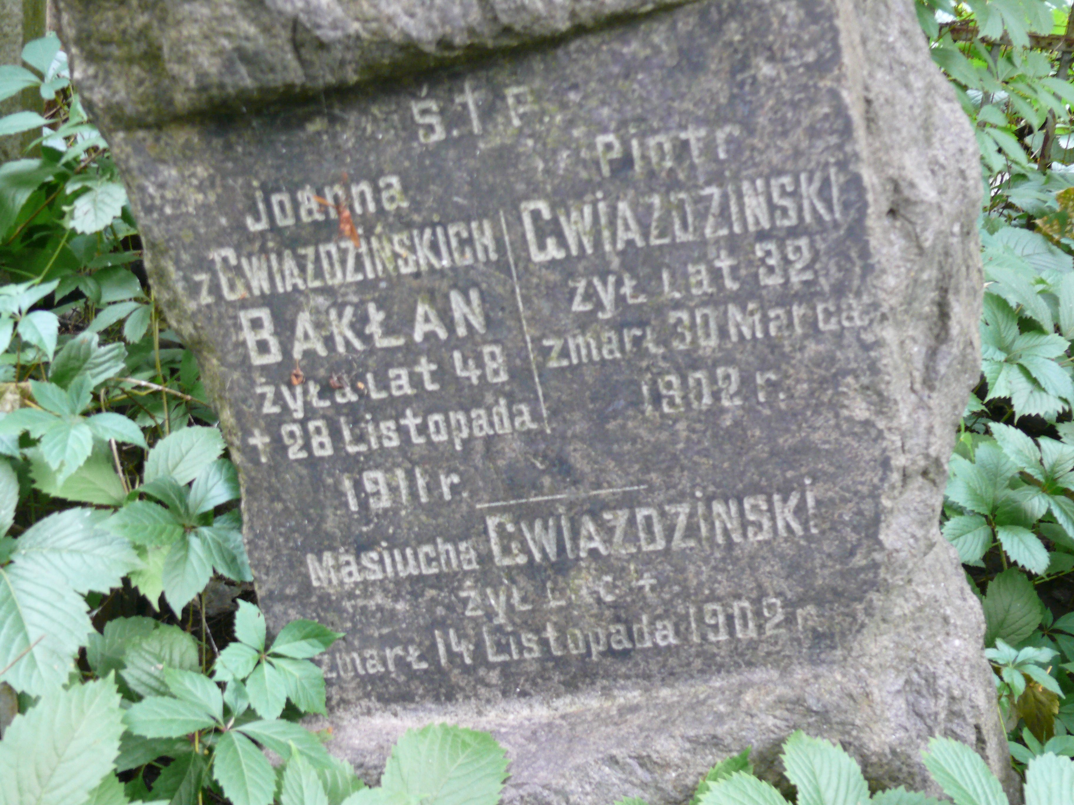 Gravestone inscription of Joanna Bakłan, Piotr Gwiaździński, Masiucha Gwiaździński