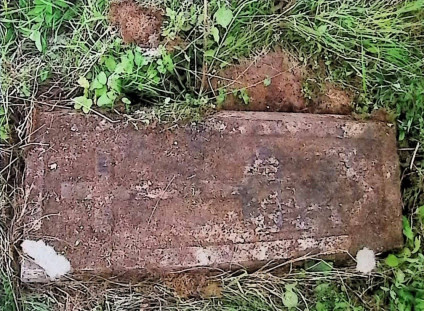 Betonowy nagrobek Michała Przyjemskiego z tablicą o ćwierćkoliście ściętych narożach i krzyżem, z wyrytą inskrypcją, otoczony trawą.